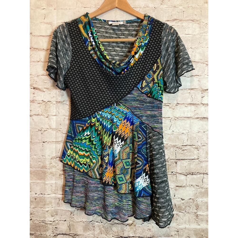Feratelli Top Womens Large‎ Artsy Art To Wear Mixed Print Cowl Neck Lagenlook